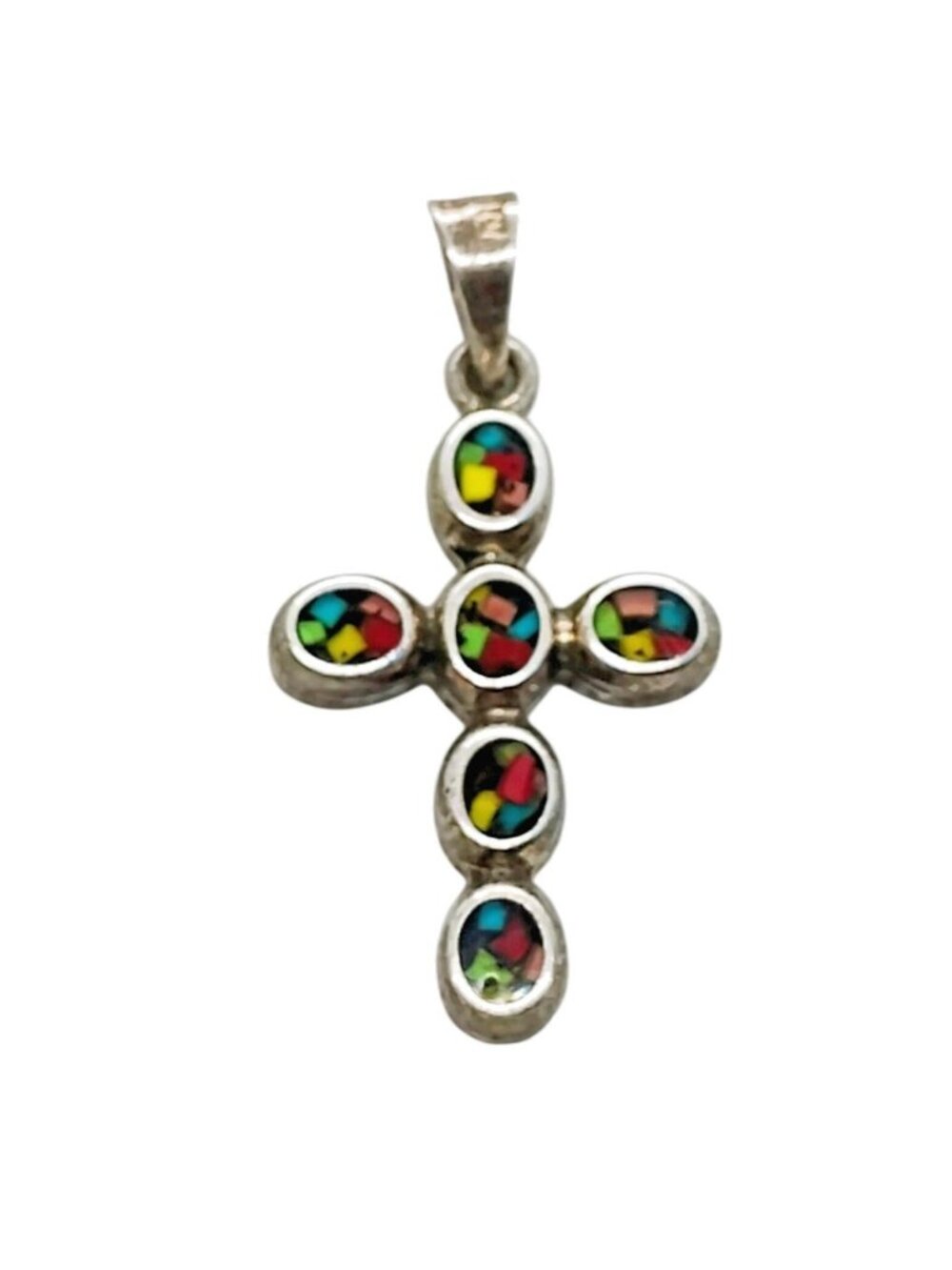 Vtg Mexico 925 Sterling Silver Inlay Black Onyx Mosaic Stone Cross Pendant